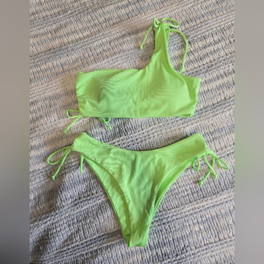 Lime Green Ribbed One-Shoulder Bikini (New)
